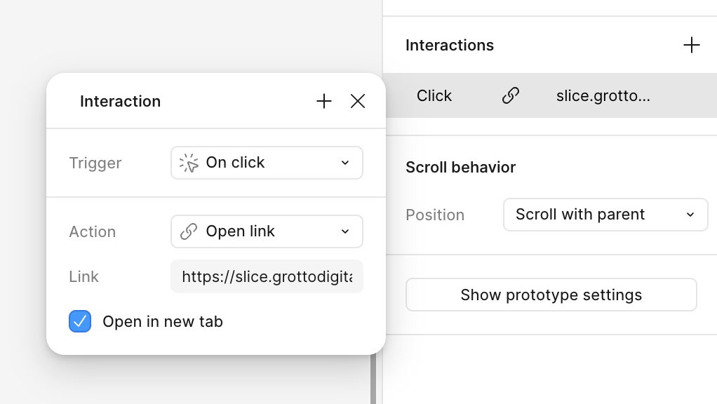 Figma interaction dialog showing On Click trigger, Open Link action, and a URL field with the destination link